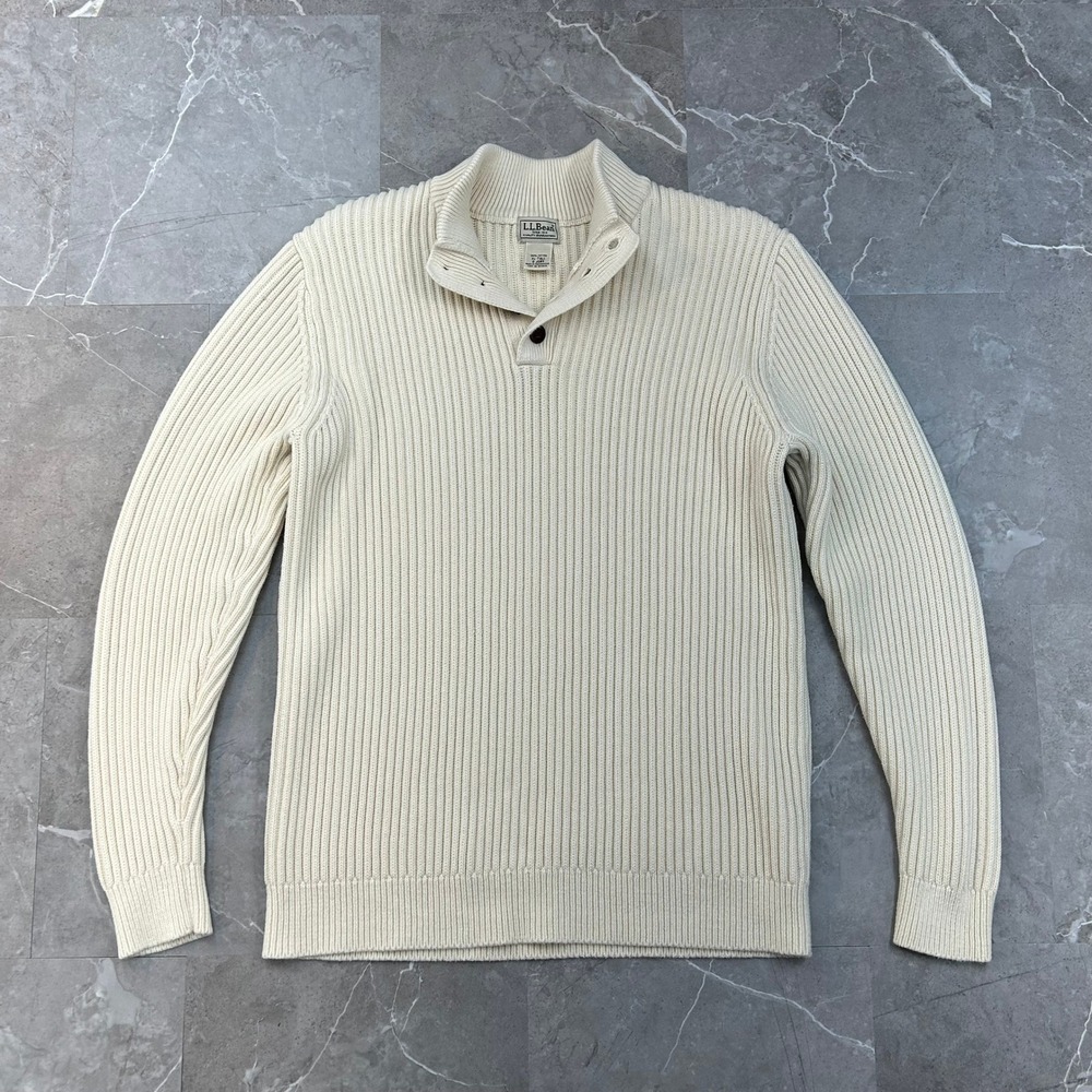 LL Bean Mock Neck Sweater Mens XL Tall XLT Rib Knit White Button Front Cotton